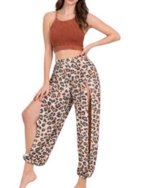 Leopard Print Side-Slit Joggers in Brown
